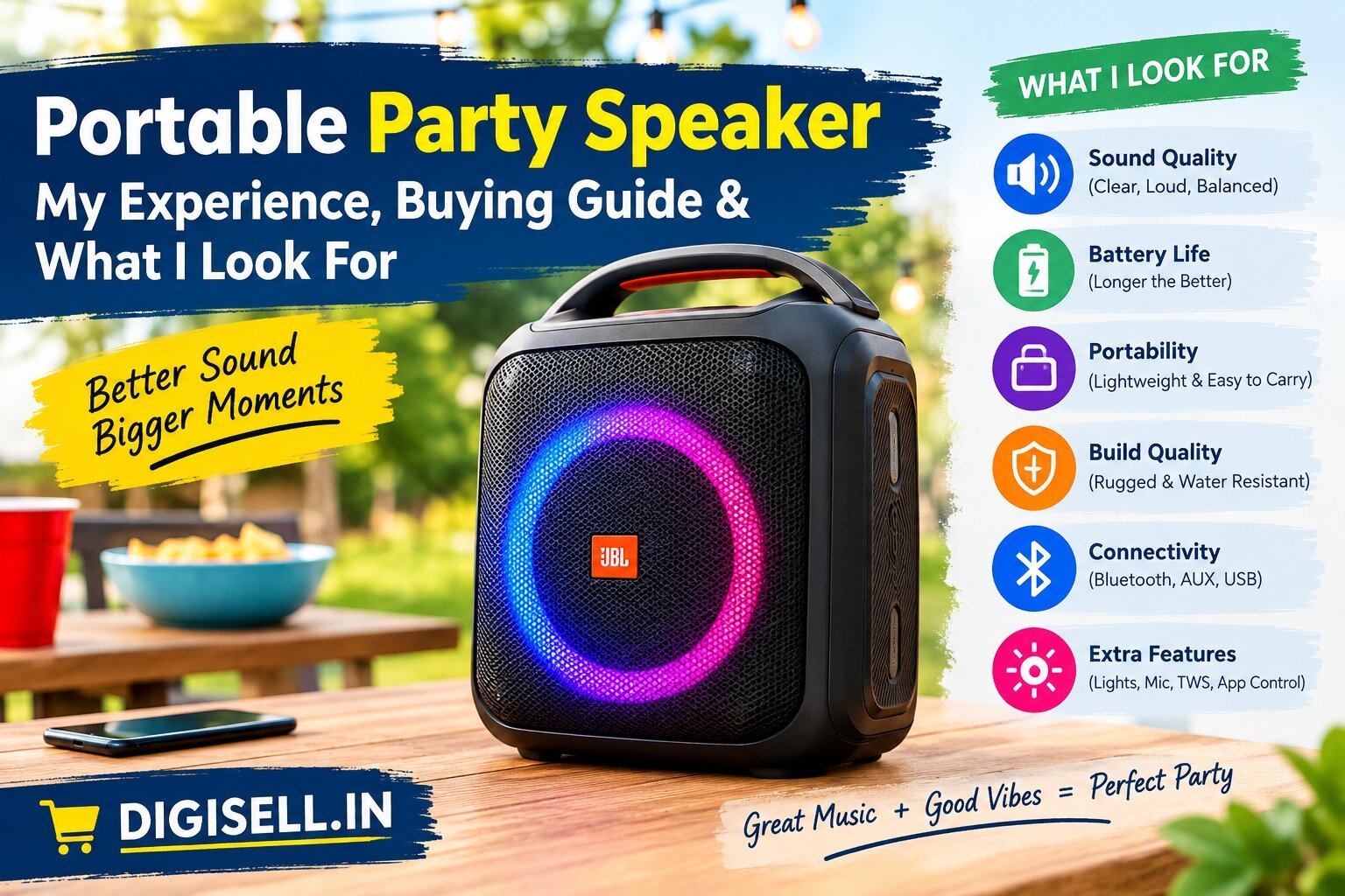 Portable party speaker with LED lighting and key features to consider when buying.